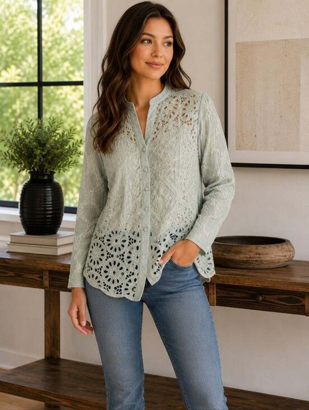 Johnny Was Women's Eyelet Embroidered Button Front Blouse Size XL